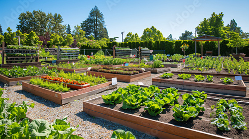 A well-maintained vegetable garden at a school farm, showcasing rows of growing crops such as lettuce, carrots, and tomatoes. The garden is organized with raised beds and clearly defined 