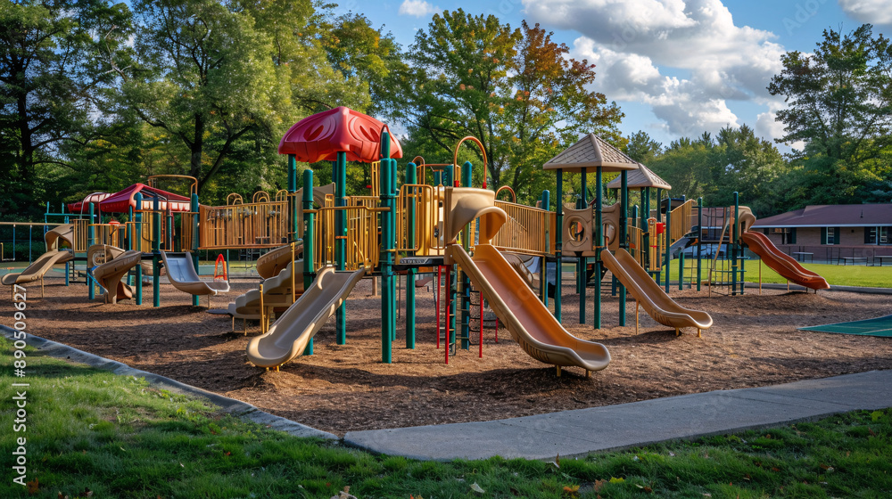 A large, colorful playground with various equipment such as slides, swings, and climbing structures. The playground is empty but well-maintained, with green grass and a backdrop of trees A large, colorful playground with various equipment such as slides, swings, and climbing structures. The playground is empty but well-maintained, with green grass and a backdrop of trees