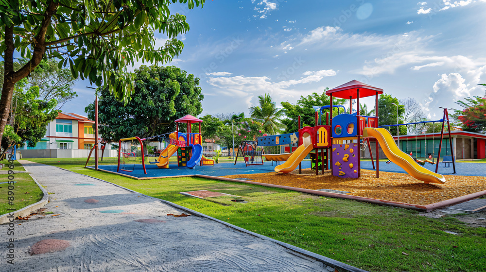 A large, colorful playground with various equipment such as slides, swings, and climbing structures. The playground is empty but well-maintained, with green grass and a backdrop of trees A large, colorful playground with various equipment such as slides, swings, and climbing structures. The playground is empty but well-maintained, with green grass and a backdrop of trees
