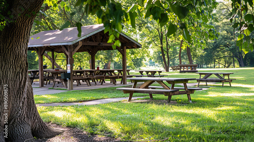 A close-up of a picnic area with neatly arranged picnic tables, benches, and a shaded pavilion. The area is surrounded by open grass and trees, and the table is set with picnic supplies like 