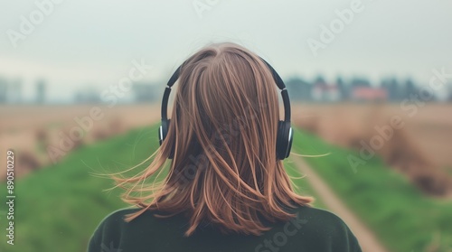Rear view of a brown-haired female's head wearing a pair of black headphones outside on an overcast day looking at a field, perhaps a garden