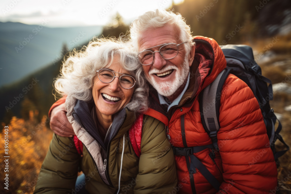Senior couple hiking in the mountains. Senior couple hiking in the mountains.