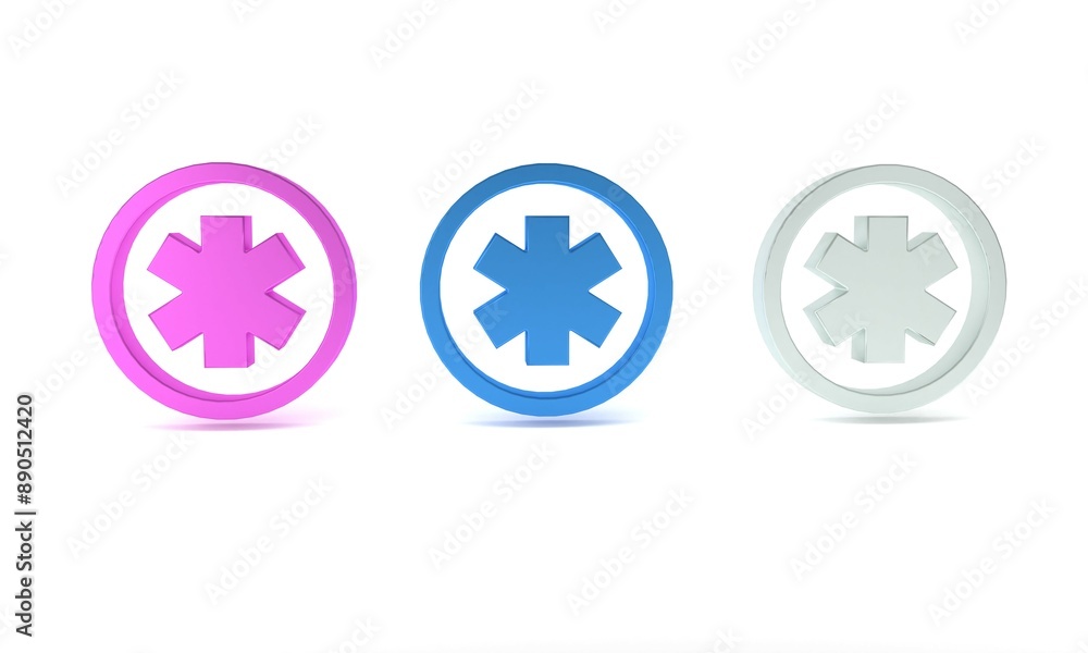 Colorful Medical symbol of the Emergency - Star of Life icon isolated on white background. Minimalism concept. 3D render illustration Colorful Medical symbol of the Emergency - Star of Life icon isolated on white background. Minimalism concept. 3D render illustration