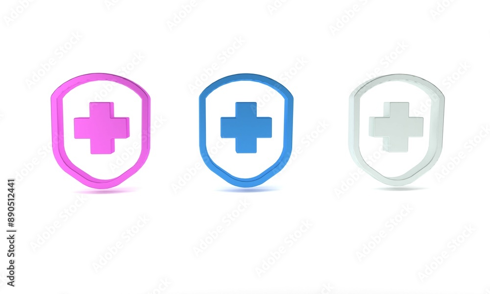 Colorful Medical shield with cross icon isolated on white background. Protection, safety, password security. Minimalism concept. 3D render illustration Colorful Medical shield with cross icon isolated on white background. Protection, safety, password security. Minimalism concept. 3D render illustration