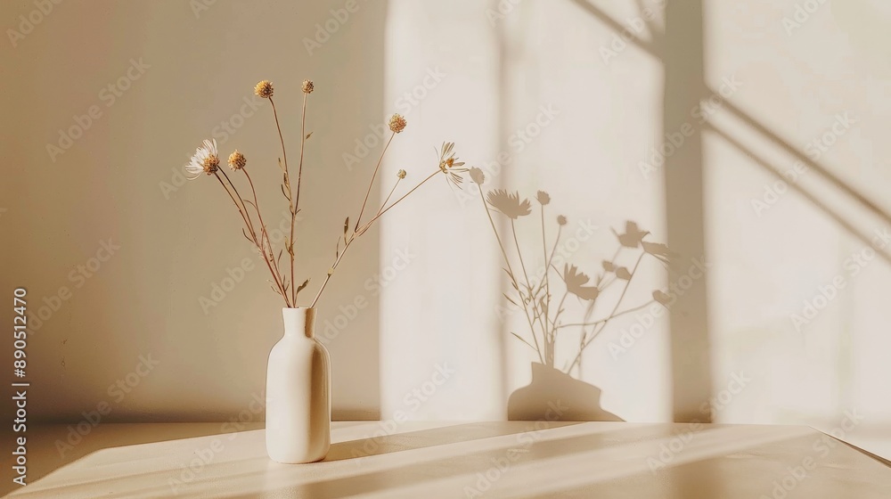Dried flowers in a white vase on a table, lit by the sun Dried flowers in a white vase on a table, lit by the sun