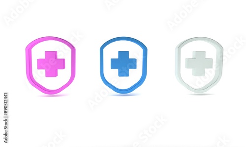 Colorful Medical shield with cross icon isolated on white background. Protection, safety, password security. Minimalism concept. 3D render illustration