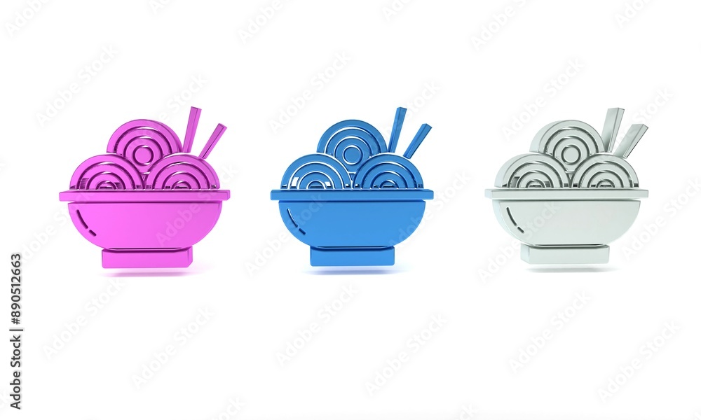 Colorful Asian noodles in bowl and chopsticks icon isolated on white background. Street fast food. Korean, Japanese, Chinese food. Minimalism concept. 3D render illustration Colorful Asian noodles in bowl and chopsticks icon isolated on white background. Street fast food. Korean, Japanese, Chinese food. Minimalism concept. 3D render illustration