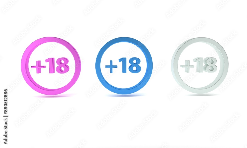 Colorful Plus 18 movie icon isolated on white background. Adult content. Under 18 years sign. Minimalism concept. 3D render illustration Colorful Plus 18 movie icon isolated on white background. Adult content. Under 18 years sign. Minimalism concept. 3D render illustration