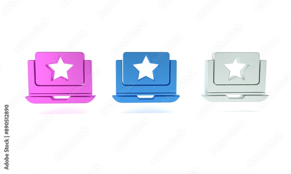 Colorful Laptop with star icon isolated on white background. Favorite, best rating, award symbol. Minimalism concept. 3D render illustration Colorful Laptop with star icon isolated on white background. Favorite, best rating, award symbol. Minimalism concept. 3D render illustration