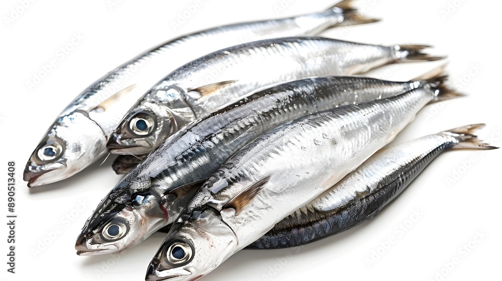 Whole Shiny Silver Anchovies on Minimalistic White Background Highlighting Fresh Texture Whole Shiny Silver Anchovies on Minimalistic White Background Highlighting Fresh Texture