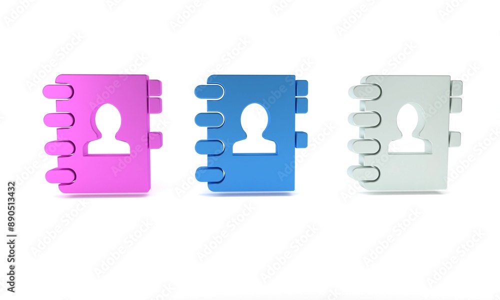 Colorful Address book icon isolated on white background. Notebook, address, contact, directory, phone, telephone book icon. Minimalism concept. 3D render illustration Colorful Address book icon isolated on white background. Notebook, address, contact, directory, phone, telephone book icon. Minimalism concept. 3D render illustration