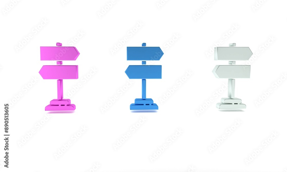 Colorful Road traffic sign. Signpost icon isolated on white background. Pointer symbol. Isolated street information sign. Direction sign. Minimalism concept. 3D render illustration Colorful Road traffic sign. Signpost icon isolated on white background. Pointer symbol. Isolated street information sign. Direction sign. Minimalism concept. 3D render illustration