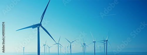 Wind turbines with a blue sky in the background, Invironment blue background. Wind energy gnration, Renewable energy.