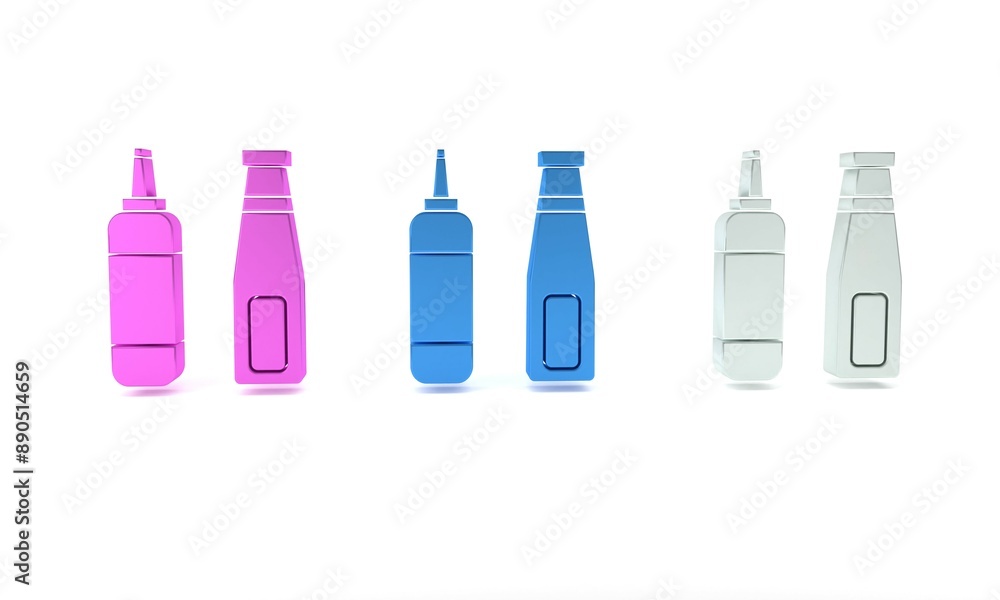 Colorful Sauce bottle icon isolated on white background. Ketchup, mustard and mayonnaise bottles with sauce for fast food. Minimalism concept. 3D render illustration Colorful Sauce bottle icon isolated on white background. Ketchup, mustard and mayonnaise bottles with sauce for fast food. Minimalism concept. 3D render illustration