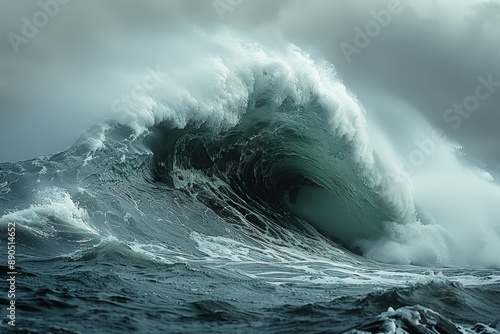 Fototapeta Naklejka Na Ścianę i Meble -  Turbulent sea with powerful wave breaking on cloudy day