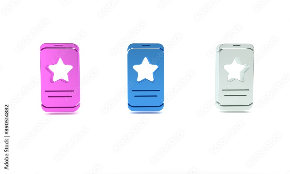 Colorful Mobile phone with review rating icon isolated on white background. Concept of testimonials messages, notifications, feedback. Minimalism concept. 3D render illustration Colorful Mobile phone with review rating icon isolated on white background. Concept of testimonials messages, notifications, feedback. Minimalism concept. 3D render illustration