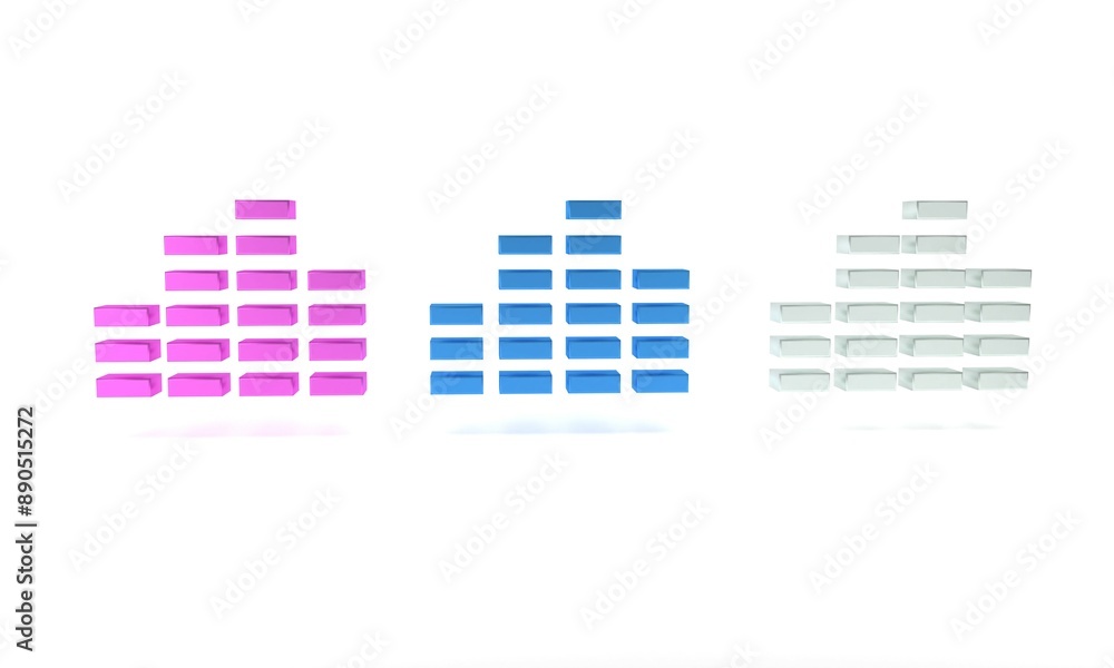 Colorful Music equalizer icon isolated on white background. Sound wave. Audio digital equalizer technology, console panel, pulse musical. Minimalism concept. 3D render illustration Colorful Music equalizer icon isolated on white background. Sound wave. Audio digital equalizer technology, console panel, pulse musical. Minimalism concept. 3D render illustration