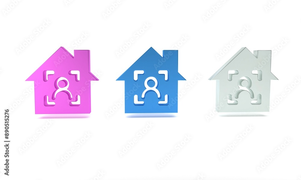 Colorful Smart home with face recognition icon isolated on white background. Face identification scanner icon. Facial id. Cyber security concept. Minimalism concept. 3D render illustration Colorful Smart home with face recognition icon isolated on white background. Face identification scanner icon. Facial id. Cyber security concept. Minimalism concept. 3D render illustration