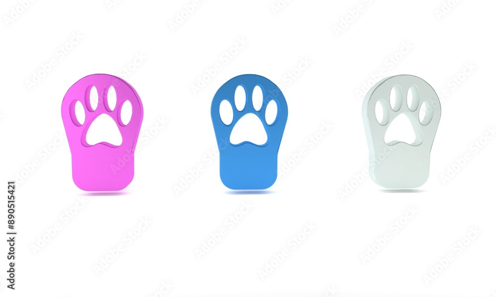 Colorful Paw print icon isolated on white background. Dog or cat paw print. Animal track. Minimalism concept. 3D render illustration Colorful Paw print icon isolated on white background. Dog or cat paw print. Animal track. Minimalism concept. 3D render illustration