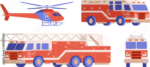 Fire engine vehicle color vector illustration. Red dept truck and helicopter for transportation isolated on white background. Department and emergency rescue service flat cartoon graphic.