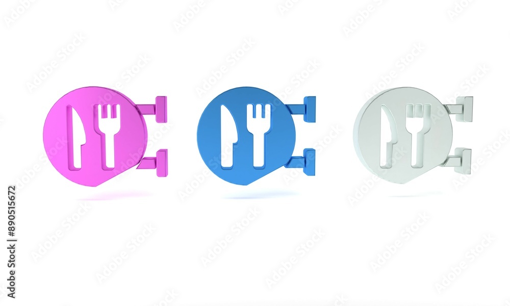 Colorful Cafe and restaurant location icon isolated on white background. Fork and spoon eatery sign inside pinpoint. Minimalism concept. 3D render illustration. Colorful Cafe and restaurant location icon isolated on white background. Fork and spoon eatery sign inside pinpoint. Minimalism concept. 3D render illustration.