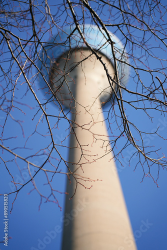 Rheinturm / Fernsehturm in Düsseldorf im Herbst bei blauem Himmel photo