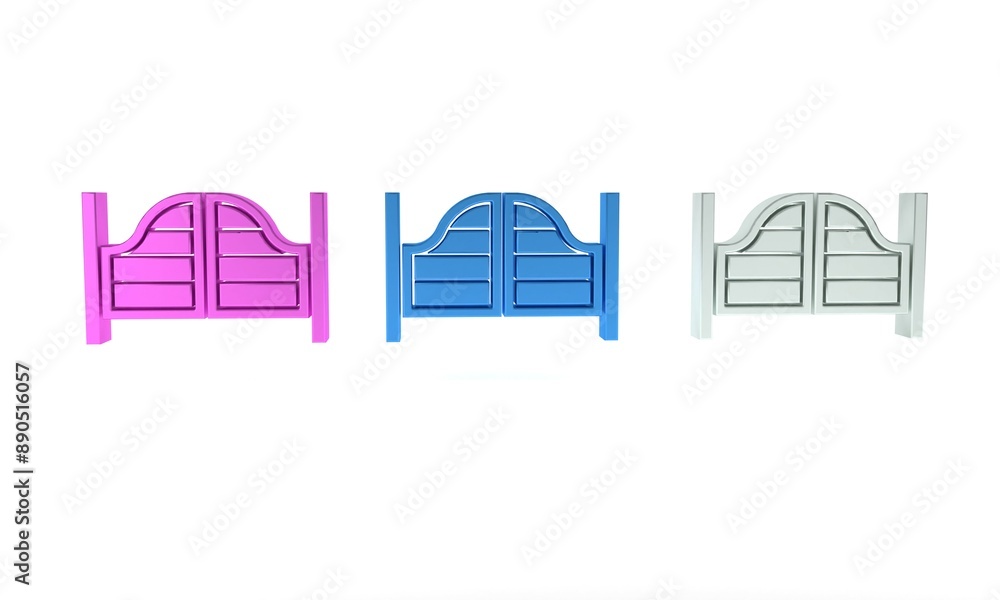 Obraz premium Colorful Old western swinging saloon door icon isolated on white background. Minimalism concept. 3D render illustration