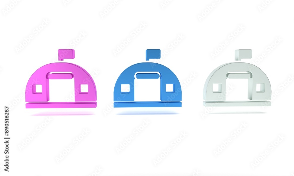 Colorful Military barracks station icon isolated on white background. Airstrikes architecture army. Minimalism concept. 3D render illustration Colorful Military barracks station icon isolated on white background. Airstrikes architecture army. Minimalism concept. 3D render illustration