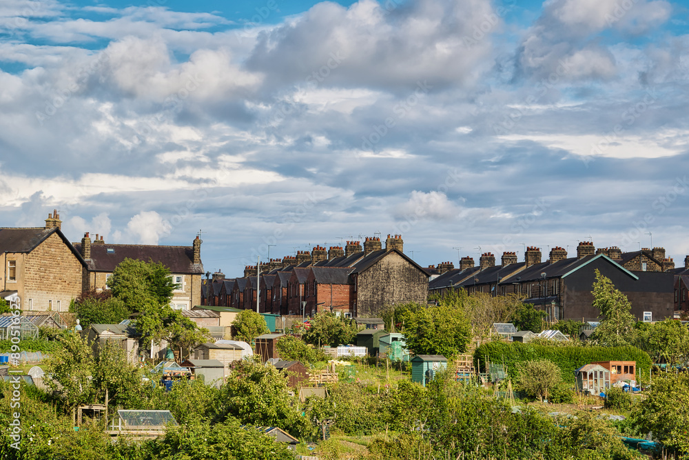 Residential area with houses and gardens under cloudy sky Residential area with houses and gardens under cloudy sky