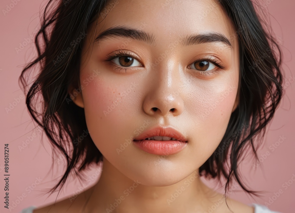 portrait of a young asian woman with flawless skin and kbeauty makeup, and a minimalistic pink background portrait of a young asian woman with flawless skin and kbeauty makeup, and a minimalistic pink background