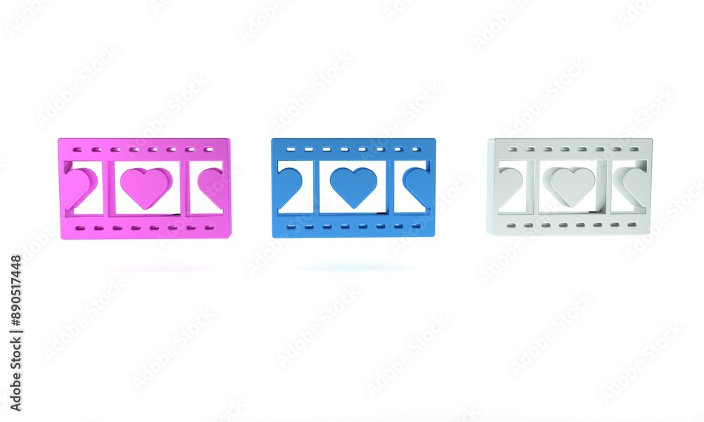 Colorful Play Video with heart icon isolated on white background. Film strip sign. Minimalism concept. 3D render illustration Colorful Play Video with heart icon isolated on white background. Film strip sign. Minimalism concept. 3D render illustration