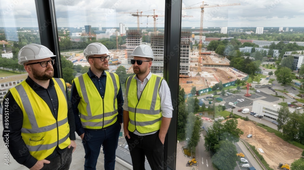 Three construction workers stand in an office building overlooking a large urban development site. They are wearing white hard hats and yellow safety vests Three construction workers stand in an office building overlooking a large urban development site. They are wearing white hard hats and yellow safety vests