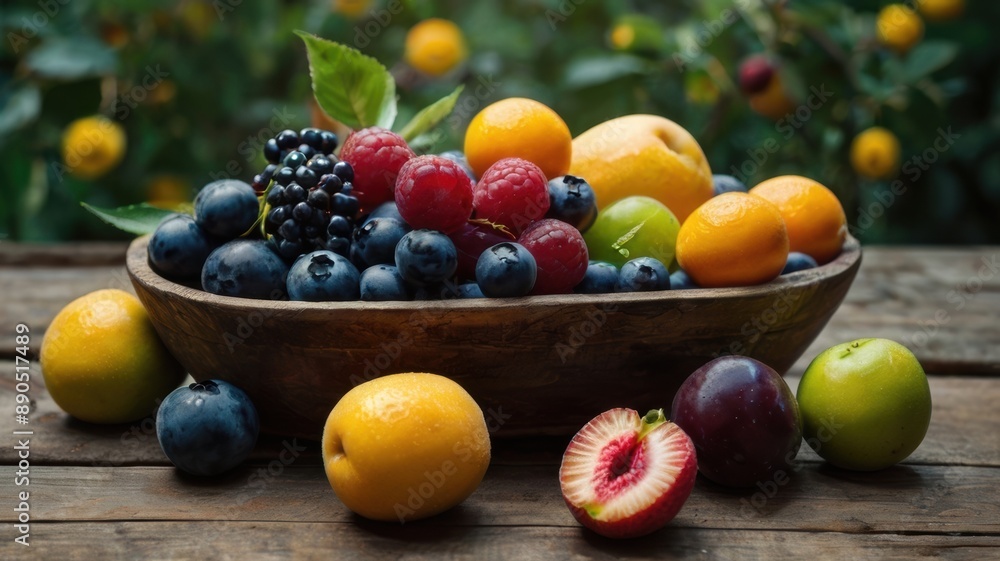 Fresh summer fruits artfully arranged on rustic tables Fresh summer fruits artfully arranged on rustic tables
