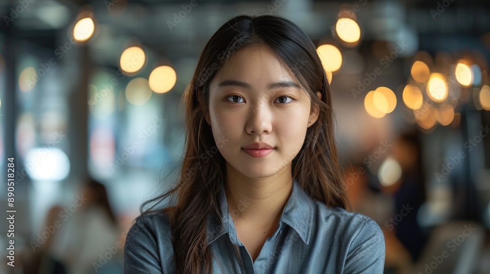 Obraz premium A woman with long dark hair and a blue shirt is standing in a restaurant