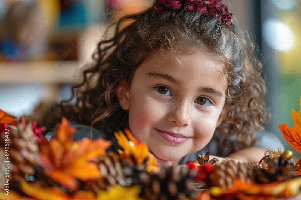 Adorable young girl with curly hair and freckles, surrounded by vibrant autumn leaves and pinecones. Her joyful expression captures the essence of the fall season's warmth and charm. Adorable young girl with curly hair and freckles, surrounded by vibrant autumn leaves and pinecones. Her joyful expression captures the essence of the fall season's warmth and charm.
