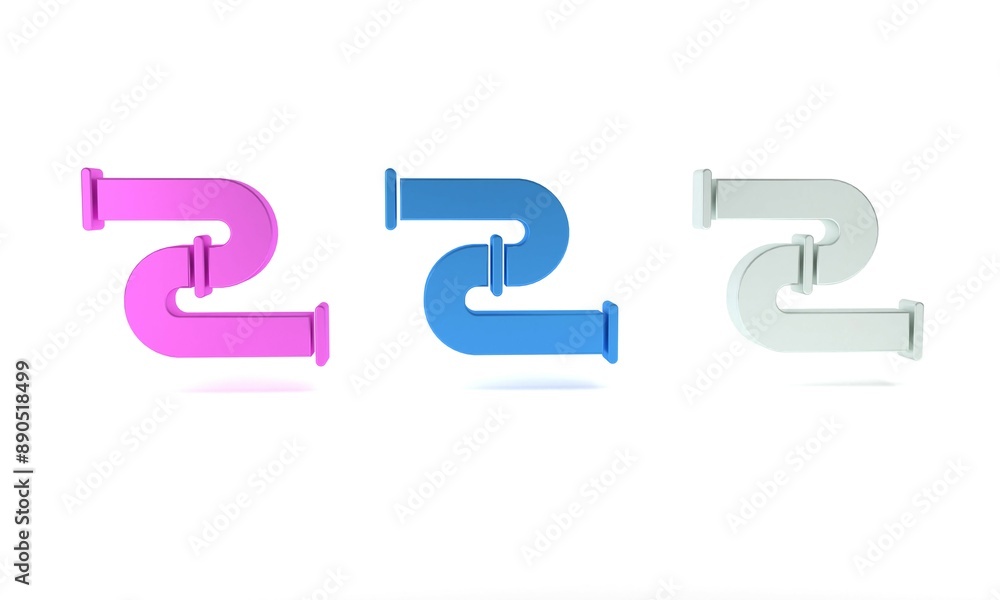 Colorful Industry metallic pipe icon isolated on white background. Plumbing pipeline parts of different shapes. Minimalism concept. 3D render illustration Colorful Industry metallic pipe icon isolated on white background. Plumbing pipeline parts of different shapes. Minimalism concept. 3D render illustration