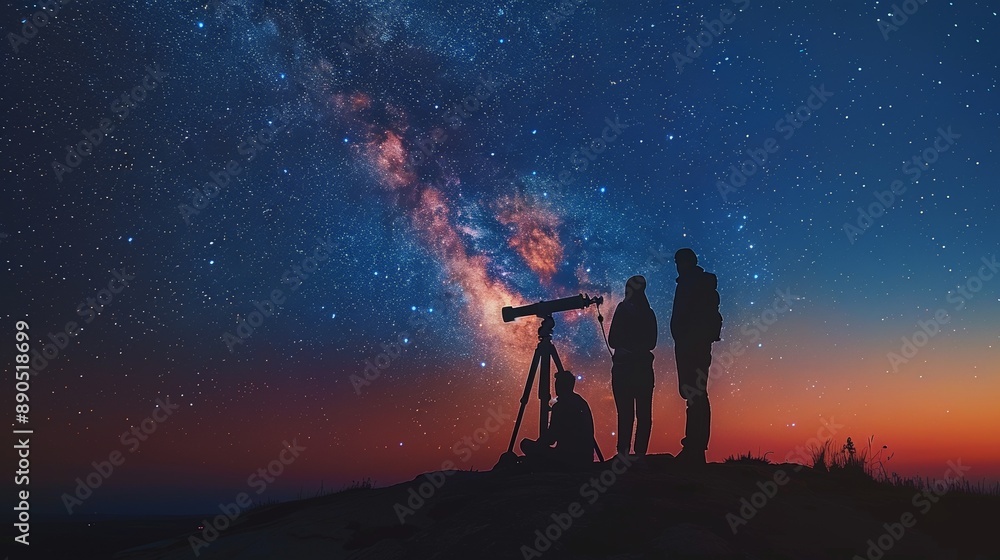 Obraz premium Three silhouetted figures stand under a star-filled night sky, gazing at the Milky Way. One uses a telescope. Blues, oranges, and a red glow paint the horizon