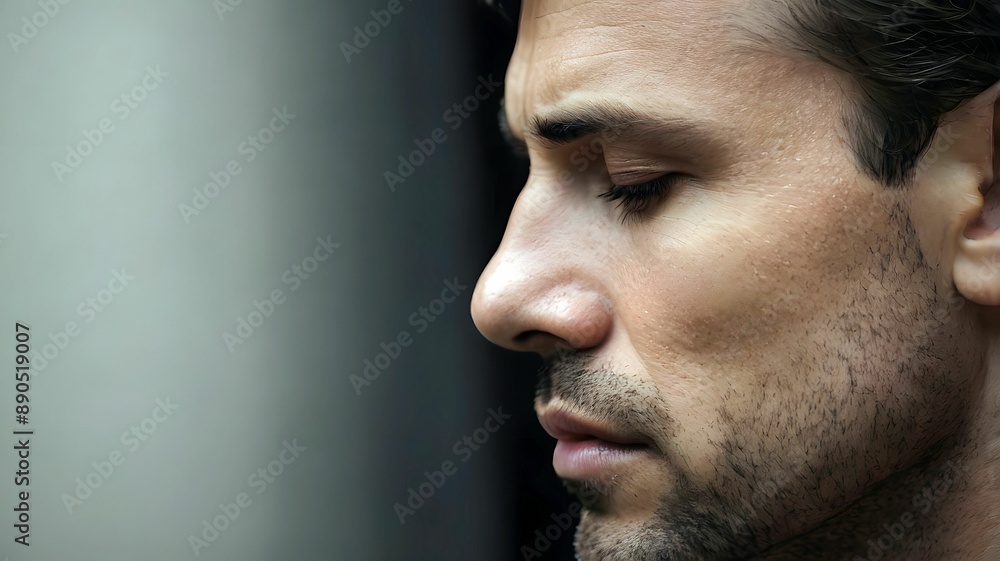 Profile of man with emotional pain, intense feeling of distress, sad or suffering, hurt deeply from heartbreak, loss or trauma, challenging relationships or illness Profile of man with emotional pain, intense feeling of distress, sad or suffering, hurt deeply from heartbreak, loss or trauma, challenging relationships or illness