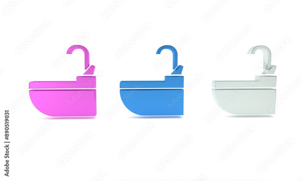 Colorful Washbasin with water tap icon isolated on white background. Minimalism concept. 3D render illustration Colorful Washbasin with water tap icon isolated on white background. Minimalism concept. 3D render illustration