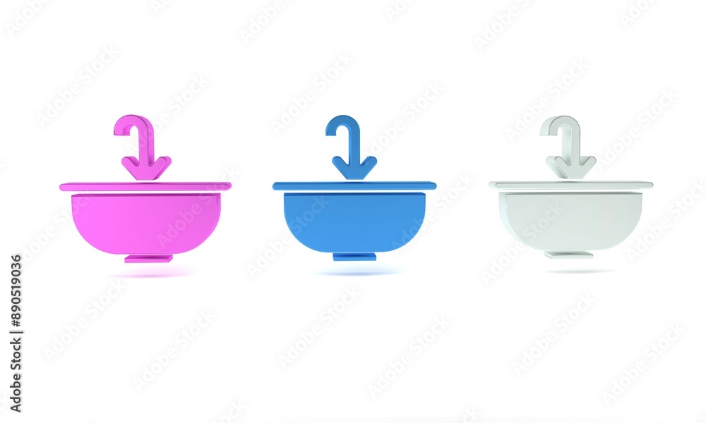 Colorful Washbasin with water tap icon isolated on white background. Minimalism concept. 3D render illustration Colorful Washbasin with water tap icon isolated on white background. Minimalism concept. 3D render illustration