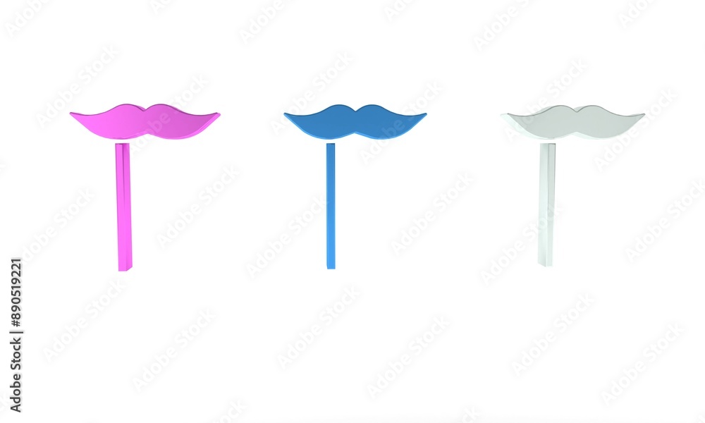 Colorful Paper mustache on stick icon isolated on white background. Concept with cardboard carnival mask. Mask for a photo shoot. Minimalism concept. 3D render illustration Colorful Paper mustache on stick icon isolated on white background. Concept with cardboard carnival mask. Mask for a photo shoot. Minimalism concept. 3D render illustration