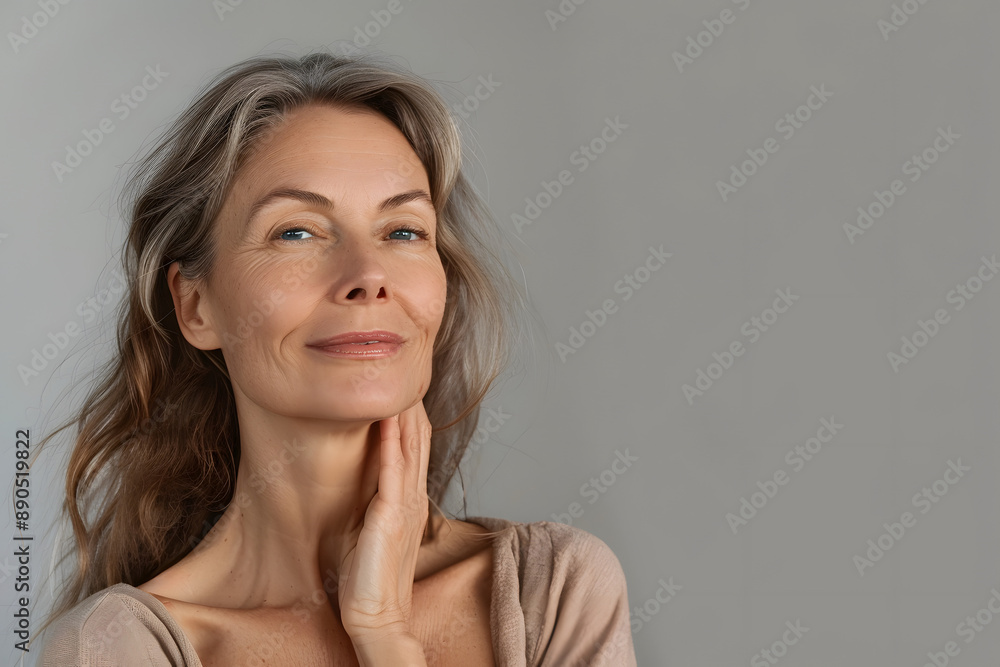 Old woman in her 50s showcasing her flawless skin texture against a simple background Old woman in her 50s showcasing her flawless skin texture against a simple background
