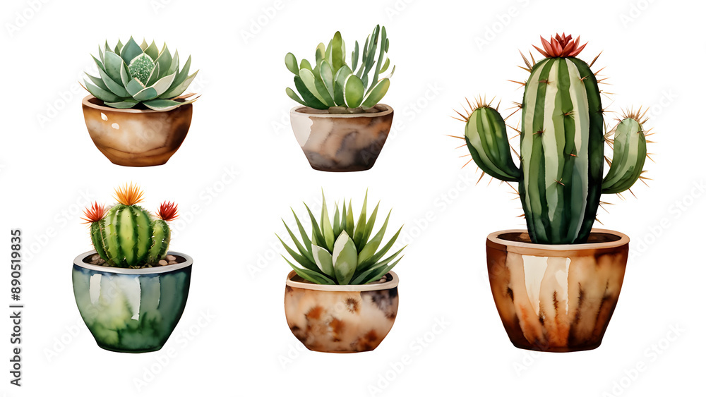 Set of watercolor cacti pots elements set isolated on transparent background, decoration clip art mock up Set of watercolor cacti pots elements set isolated on transparent background, decoration clip art mock up