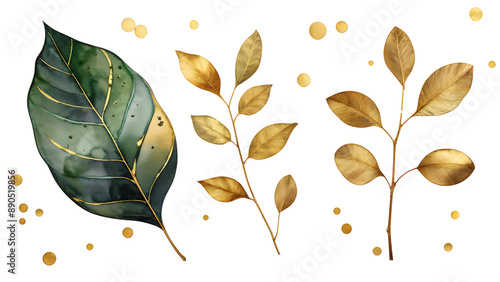 Set of watercolor green gold leaves elements set isolated on transparent background, decoration clip art mock up