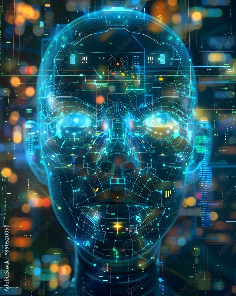Futuristic AI Cyber Face Digital Circuit Technology Hologram. AI Generated Futuristic AI Cyber Face Digital Circuit Technology Hologram. AI Generated