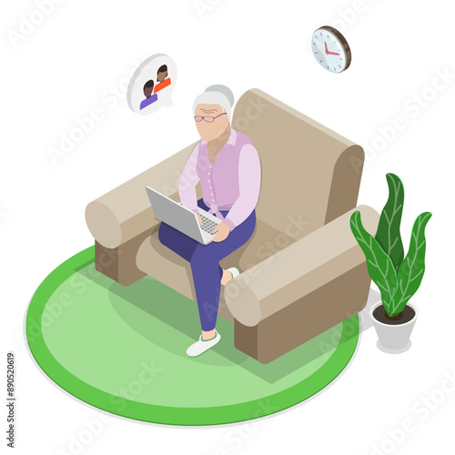 3D Isometric Flat Vector Illustration of Senior People Rest At Home, Retiree Lifestyle. Item 2