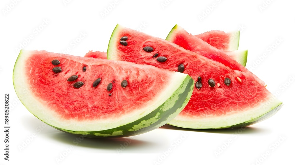Juicy Watermelon Slices with Contrasting Dark Seeds on White Background Juicy Watermelon Slices with Contrasting Dark Seeds on White Background
