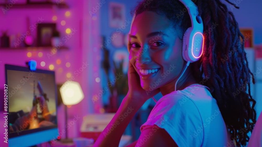 A woman wearing headphones and smiling in front of a computer monitor A woman wearing headphones and smiling in front of a computer monitor