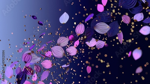Holographic flower petals scattering in the wind, set against a dark, digital background, creating an ethereal and futuristic effect, Futuristic, Digital Art, High Detail
