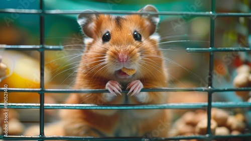 A small, golden hamster sits in its cage, eating a treat while looking straight at the camera